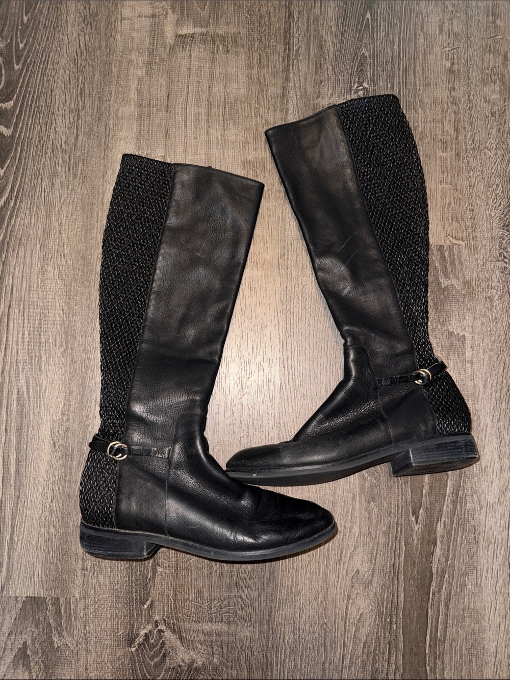 Cole Haan Black Leather Over-the-Knee Boots with Knit Back